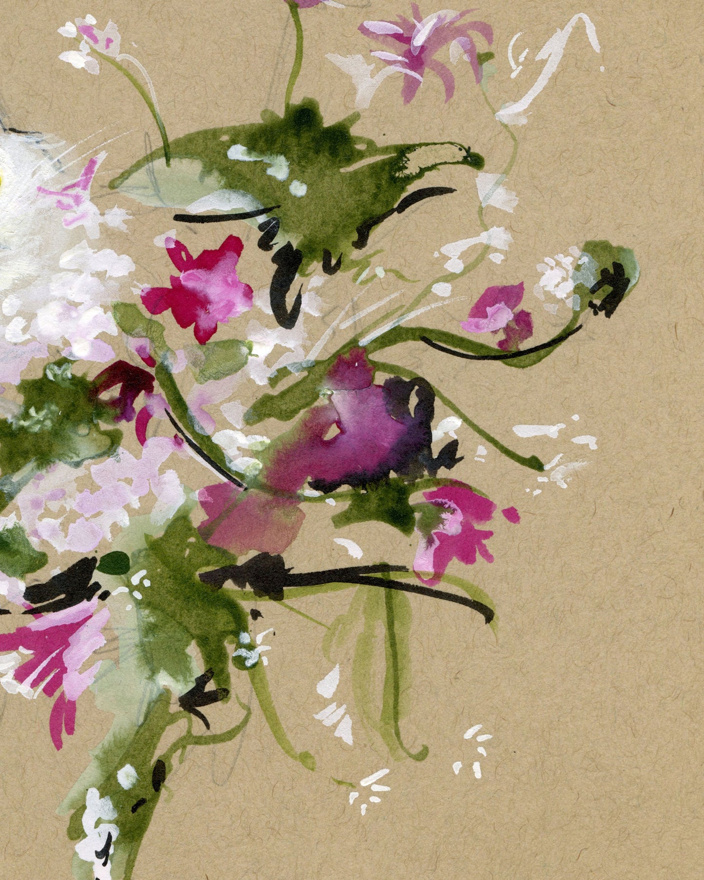 A White Kitty in a Bouquet | 9" x 12" | Framed Original Artwork