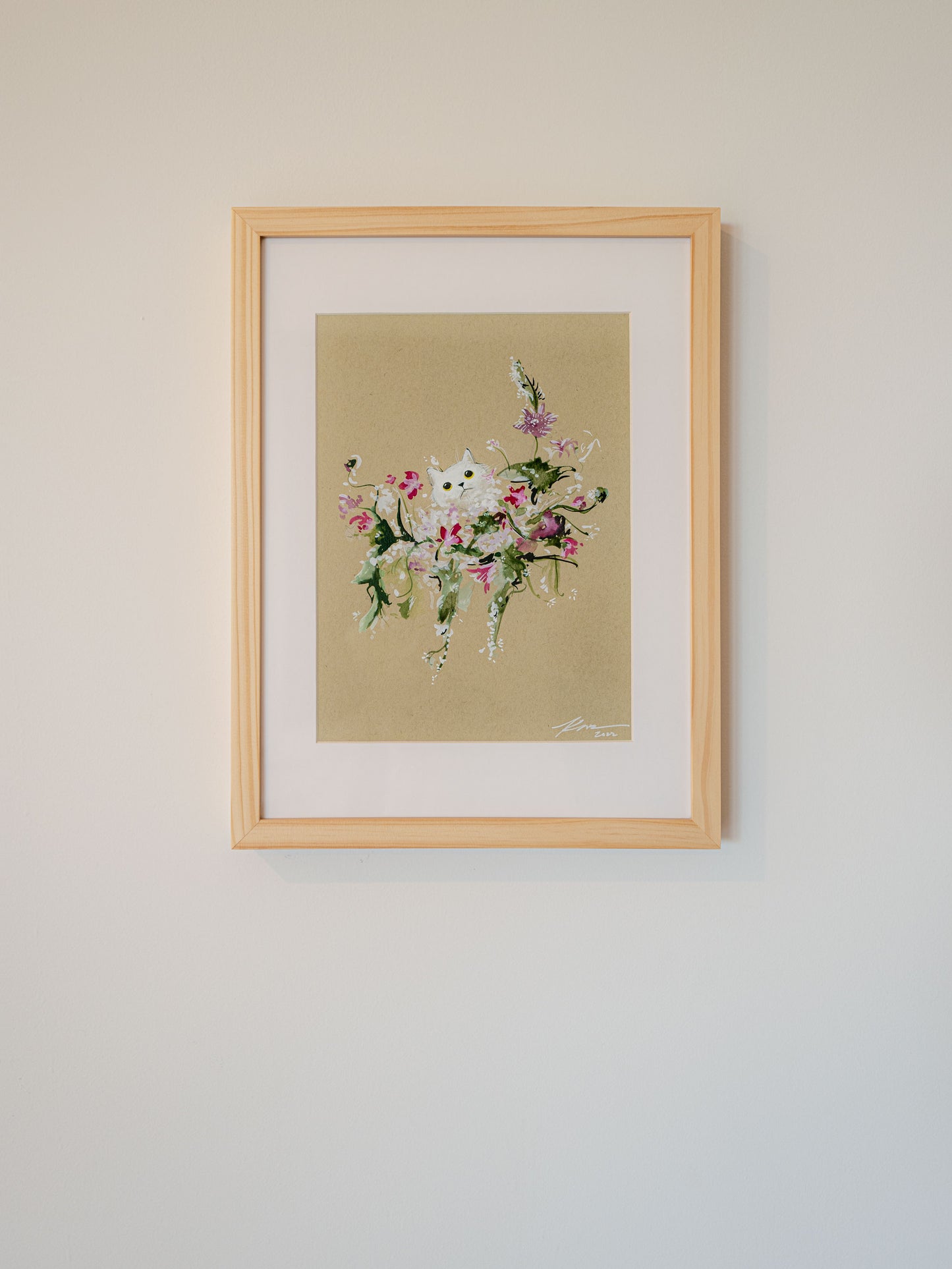 A White Kitty in a Bouquet | 9" x 12" | Framed Original Artwork