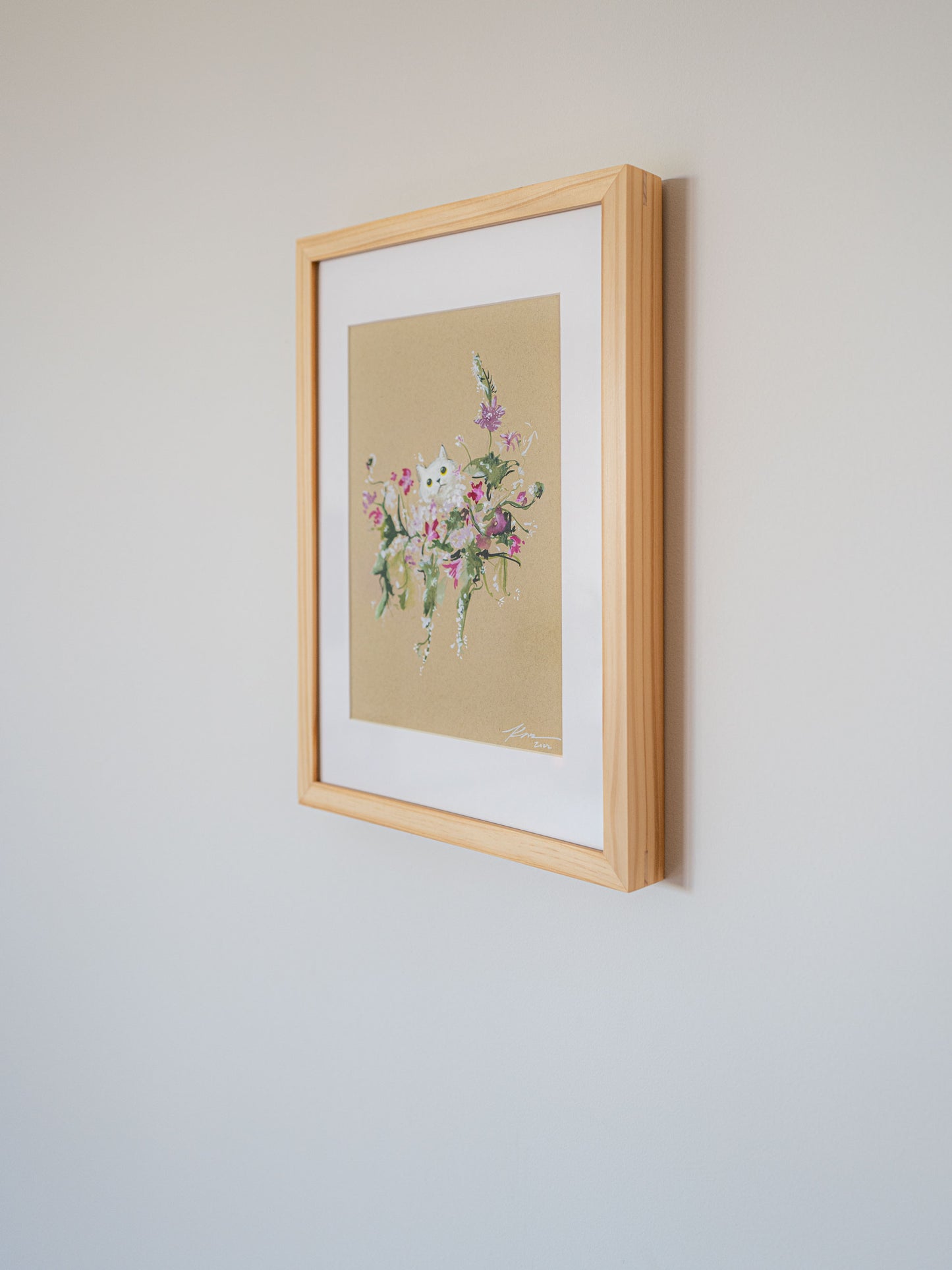 A White Kitty in a Bouquet | 9" x 12" | Framed Original Artwork