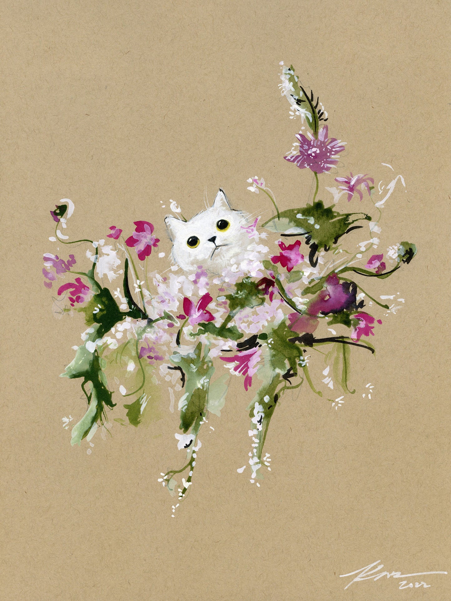A White Kitty in a Bouquet | 9" x 12" | Framed Original Artwork